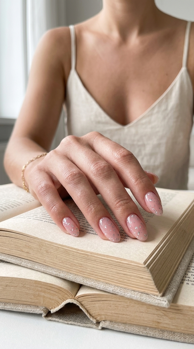 Dainty Pink Sparkle Dots Oval nails for daily casual outings and brunch in 2026.