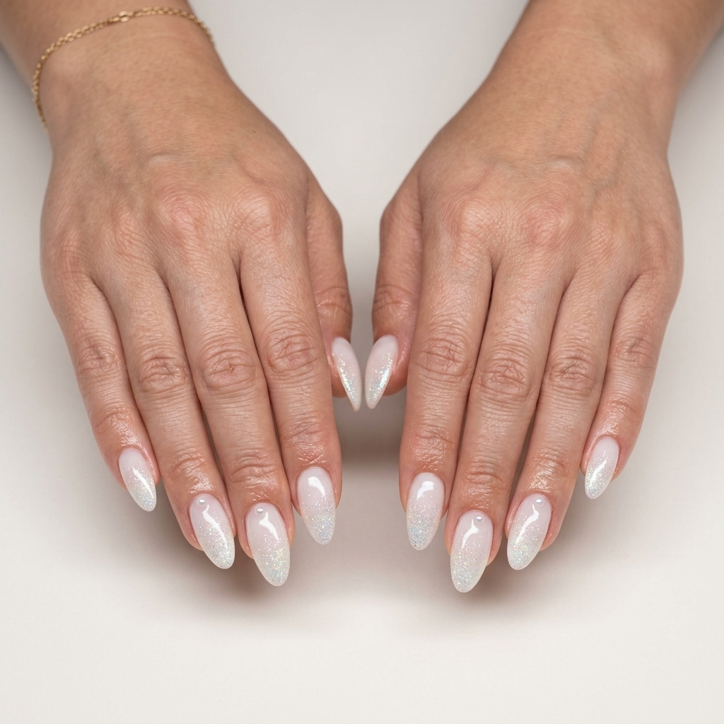 Ethereal Glitter Fade Almond nails for weddings and anniversary dinners in 2026.