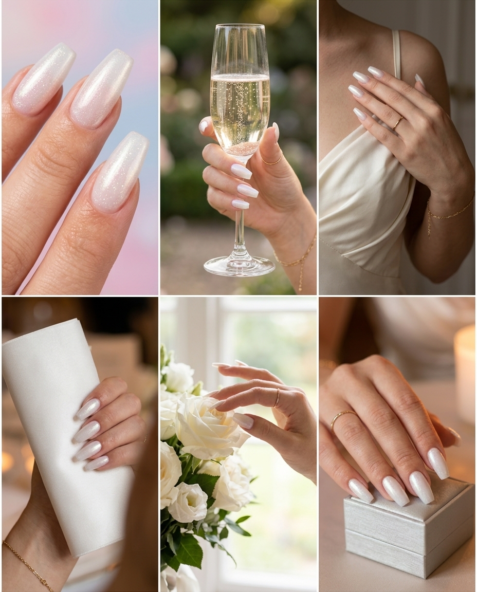 Ghostly pearl jelly coffin nails with iridescent shimmer for summer glitter nails 2026. Glamorous for weddings.