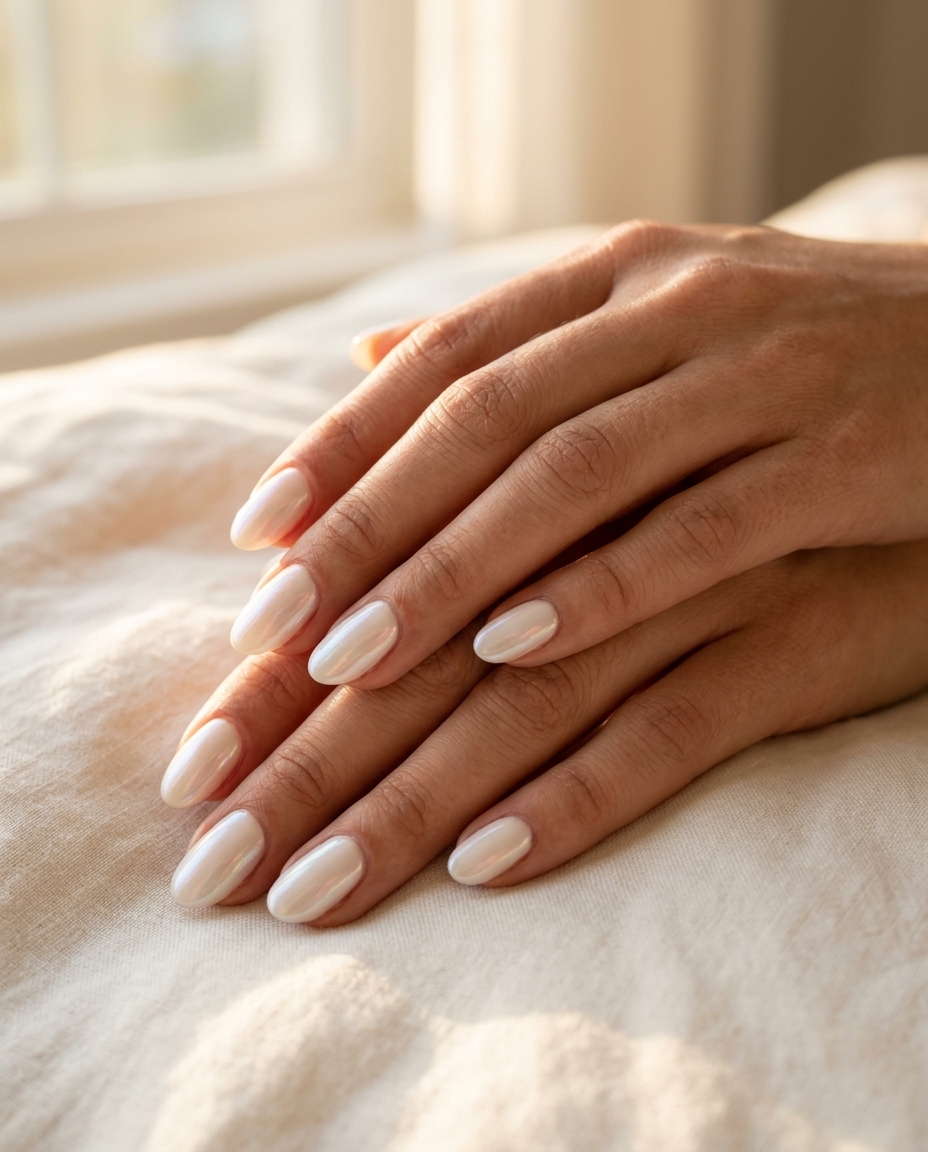 Iridescent white pearlescent oval nails for summer glitter nails 2026. Sophisticated for formal events.