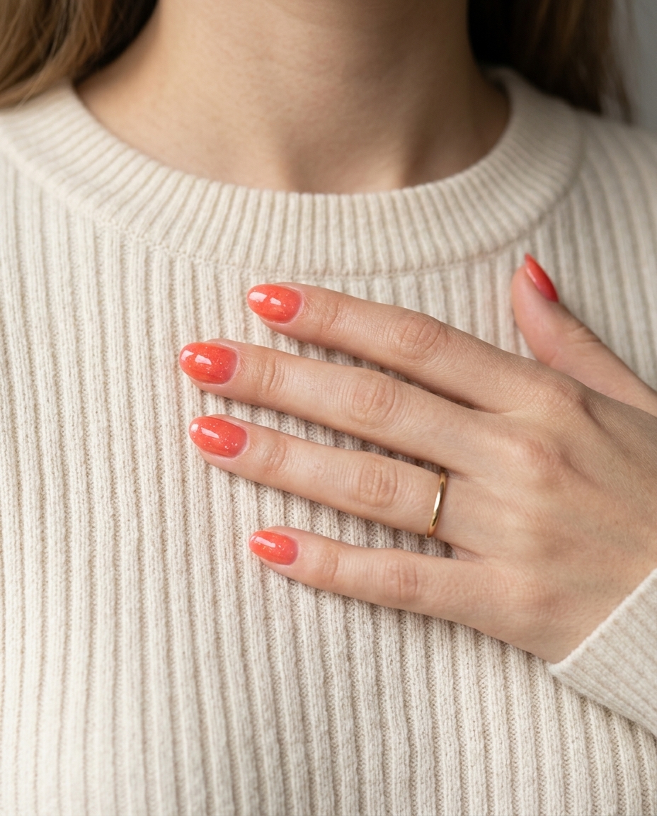 Juicy Coral Jelly Round nails with embedded shimmer for vacation and beach days in 2026.