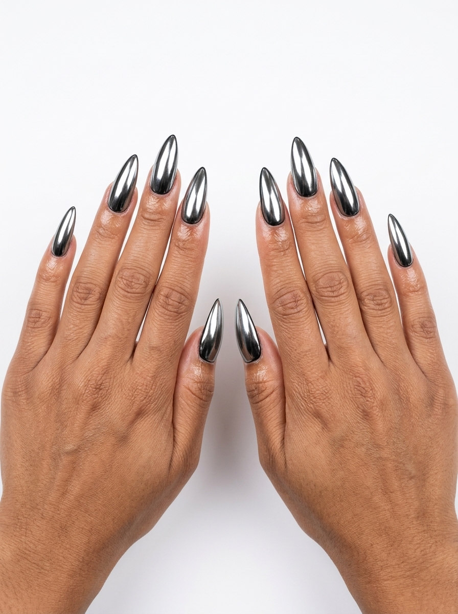 Liquid Chrome Summer Stiletto nails in mirror metallic silver for summer glitter nails 2026. Futuristic and edgy.