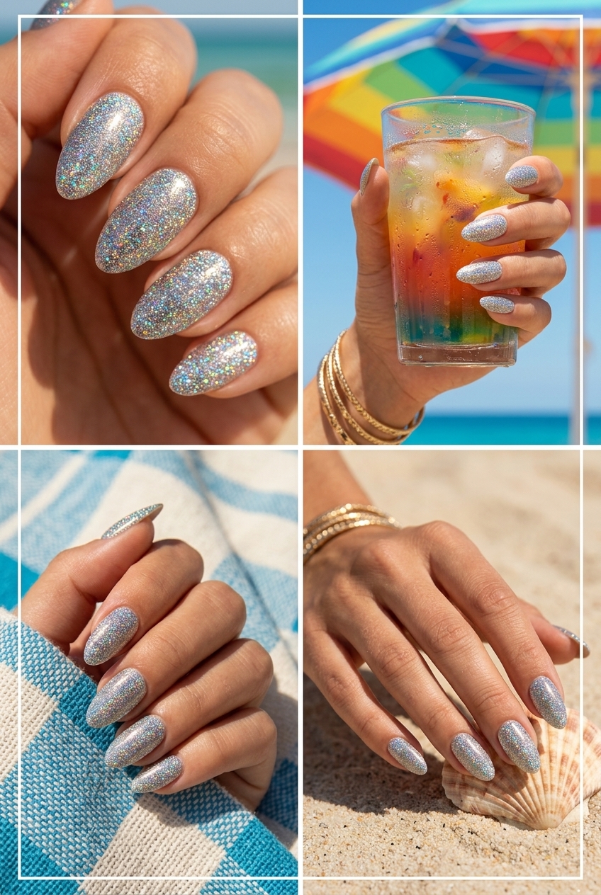 Mirrorball effect full coverage silver glitter nails for summer glitter nails 2026. Bold and futuristic.