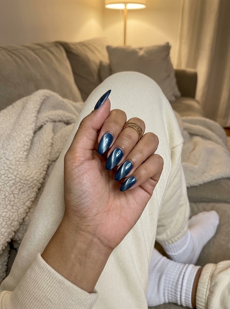 Oceanic cat-eye deep blue nails for summer glitter nails 2026. Edgy and sophisticated for nights out.