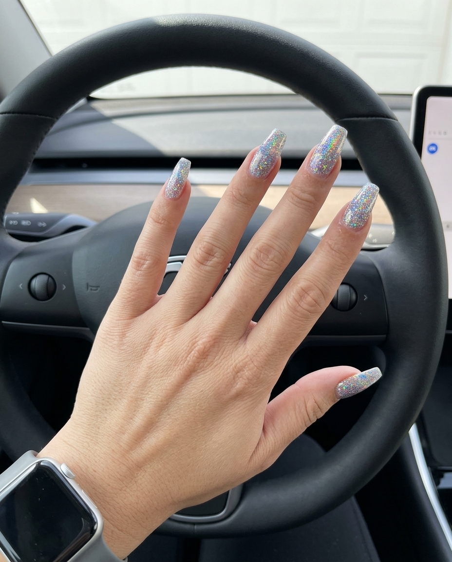 Rainbow Prism Effect Coffin nails with full holographic glitter for summer glitter nails 2026. Glamorous festival style.