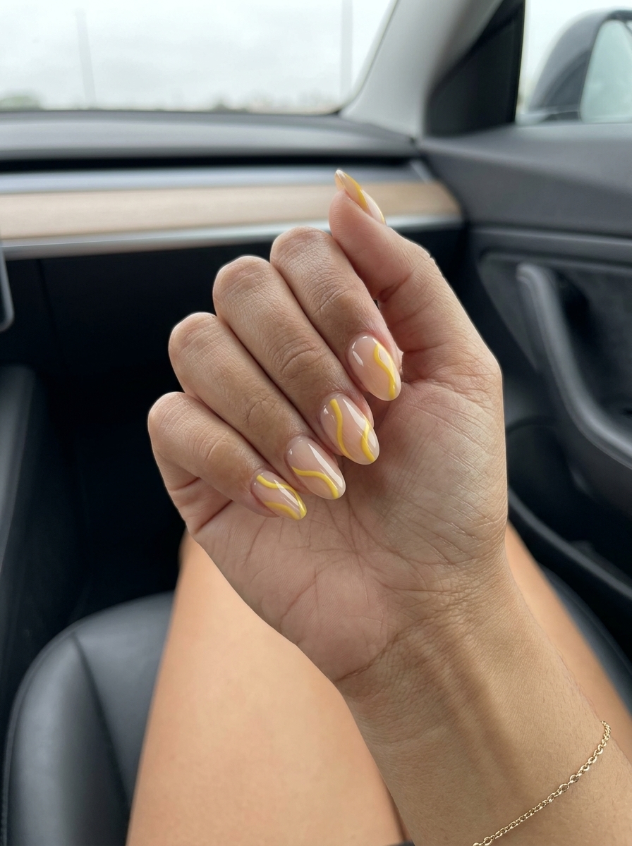 Chic abstract yellow line art nails for summer holiday nails 2026, ideal for daily wear and creative outings.