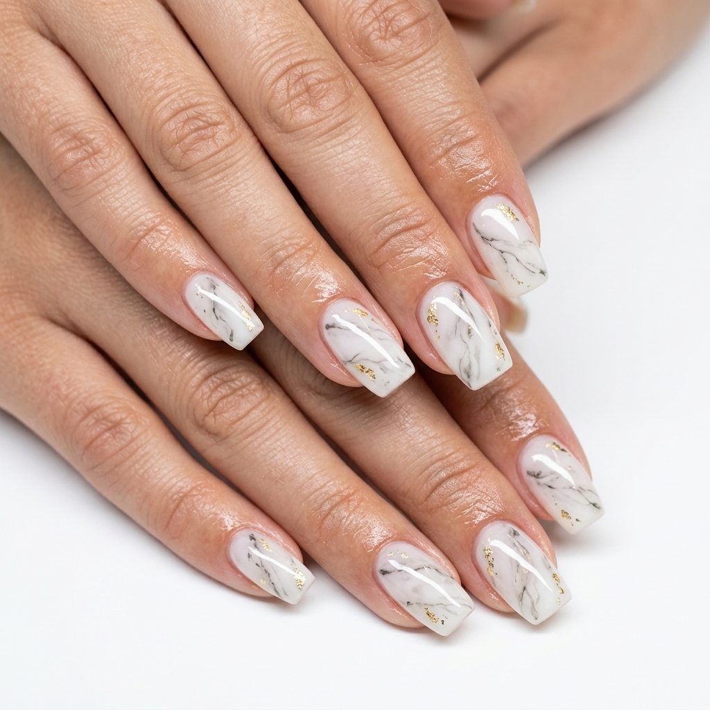 Carrara Marble Chic Almond Nails for summer holiday nails 2026: sophisticated milky white with grey veining and gold.