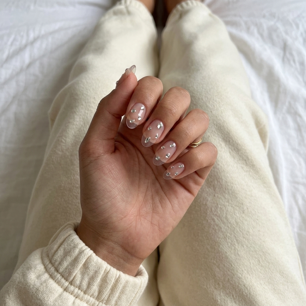 Crystal Dewdrop Glass Almonds nails: transparent with scattered clear rhinestones for elegant summer holiday nails 2026.