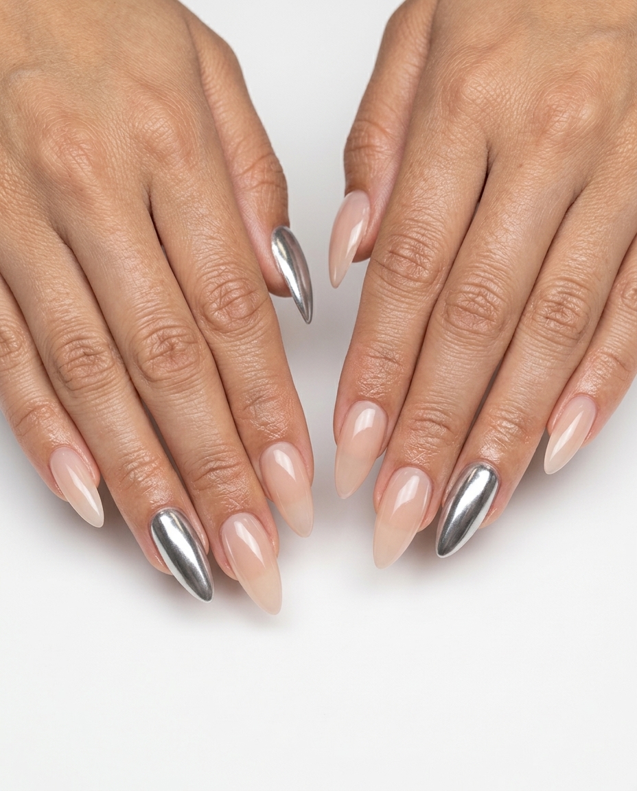 Futuristic Metallic Silver Accent Nails for summer holiday nails 2026: edgy metallic silver on accent nails, sheer nude.