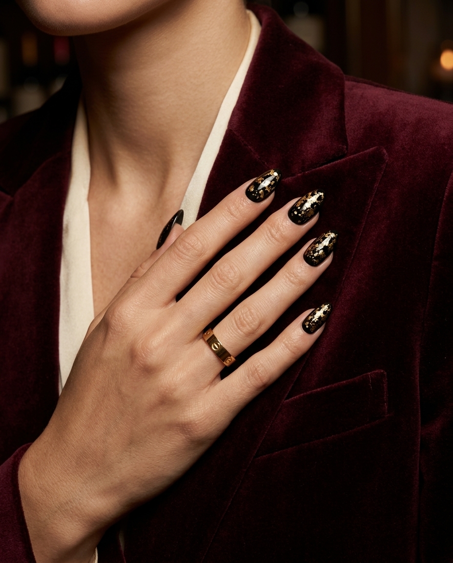 Glamorous gold foil nails for summer holiday nails 2026, perfect for parties and evening events.