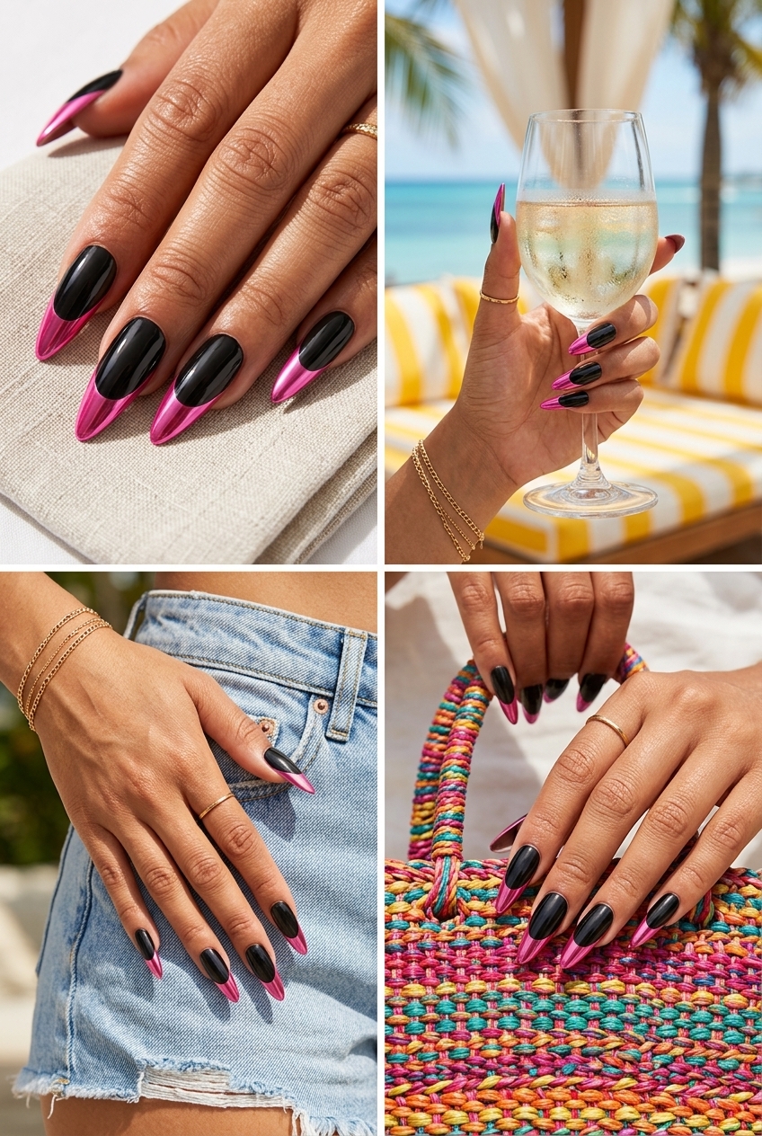 Punk Pink Chrome Reverse French Nails for summer holiday nails 2026: hot pink chrome line on deep black base.