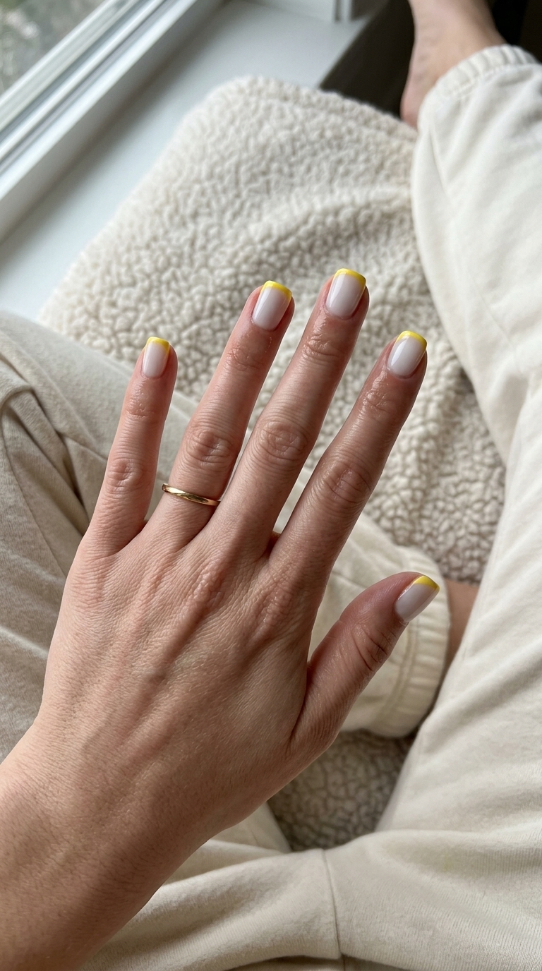 Radiant Sunshine French nails: bright yellow micro French tips on sheer milky white base for summer holiday nails 2026.