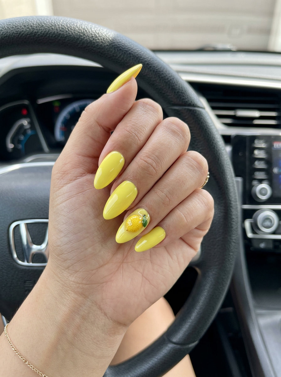 3D Lemon Charm Accent Nails 2026 3D Lemon Charm Accent nails: Vibrant yellow with a realistic 3D lemon charm. 2026.