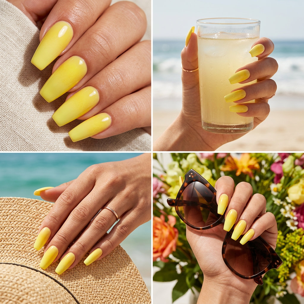 Airbrushed Citrus Fade Nails | Summer Ideas 2026 Airbrushed citrus fade coffin nails for summer lemon nails ideas 2026. Glamorous yellow gradient.
