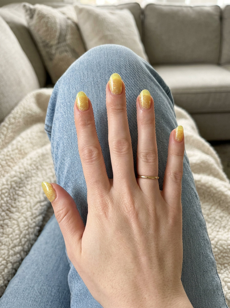Summer Lemon Nails Ideas 2026: Bubbly Lemonade Sparkle Sheer lemon yellow jelly nails with iridescent glitter for summer vacation. Perfect for beach days.