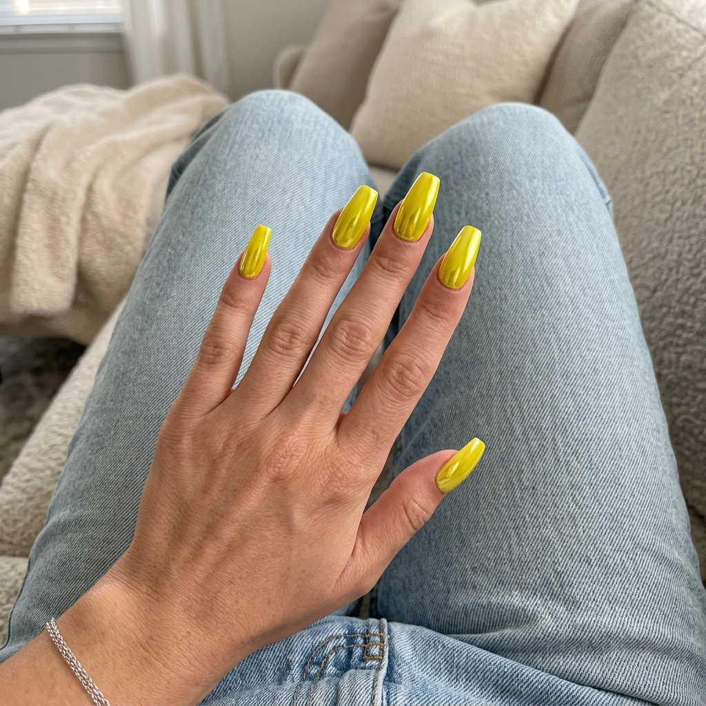 Radiant Lemon Chrome Coffin Nails 2026 Radiant Lemon Chrome Coffin nails: Vibrant yellow chrome for bold, futuristic looks. 2026.