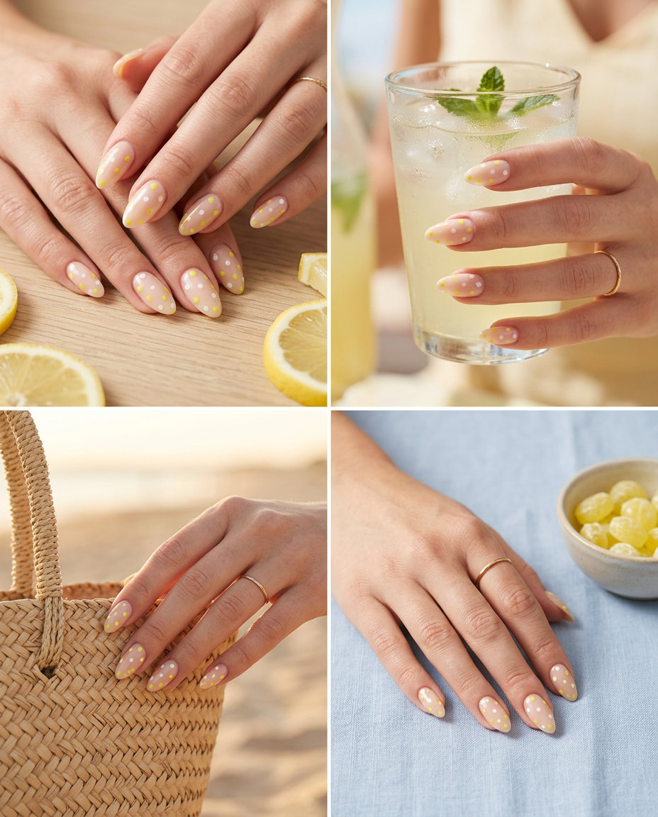 Dotted Citrus Delight Almond Nails 2026 Dotted Citrus Delight Almond nails: Sheer base with lemon yellow and white dots. 2026.