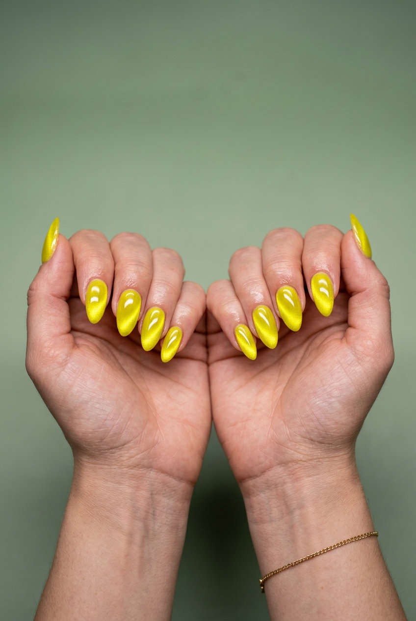 Summer Lemon Nails Ideas 2026: Electric Cat-Eye Electric lemon yellow cat-eye nails for date night and summer parties in 2026.