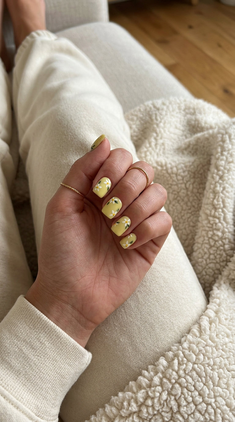 Floral Lemon Garden Nails | Summer Ideas 2026 Floral lemon garden square nails for summer lemon nails ideas 2026. Romantic yellow and white blossoms.
