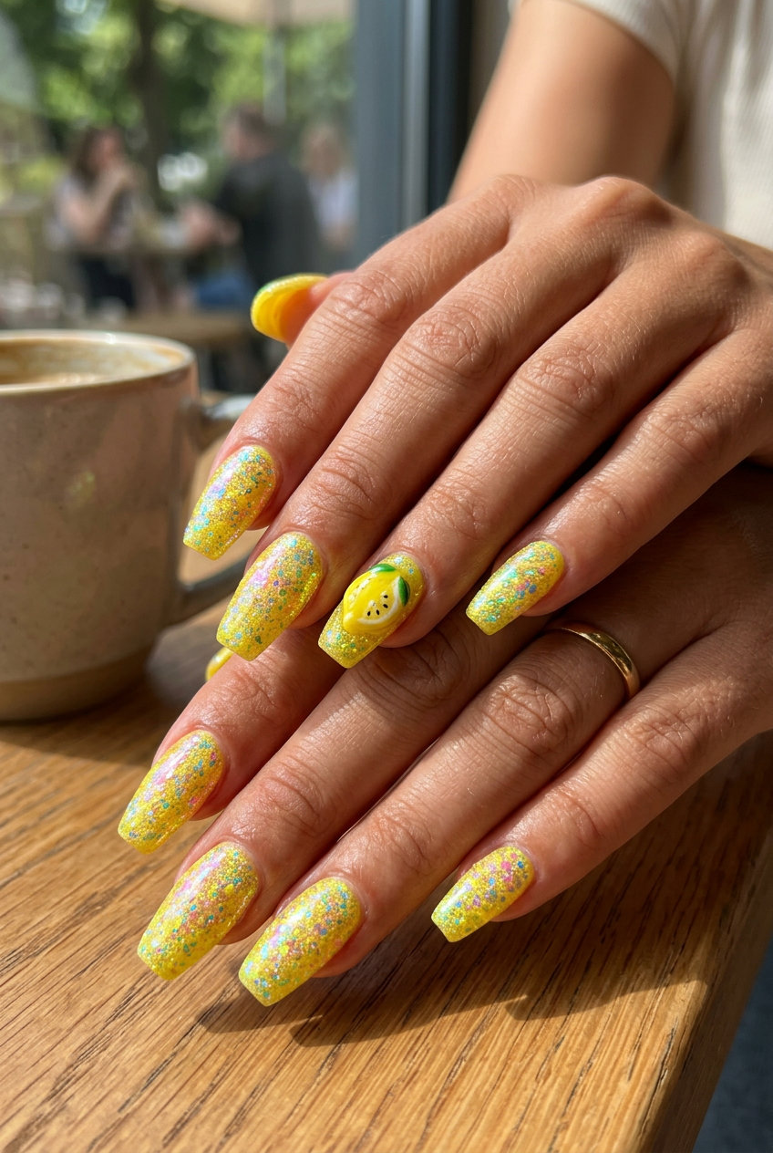 Zesty Lemon Glitter Coffin Nails 2026 Zesty Lemon Glitter Coffin nails: Vibrant yellow with iridescent glitter for parties. 2026.