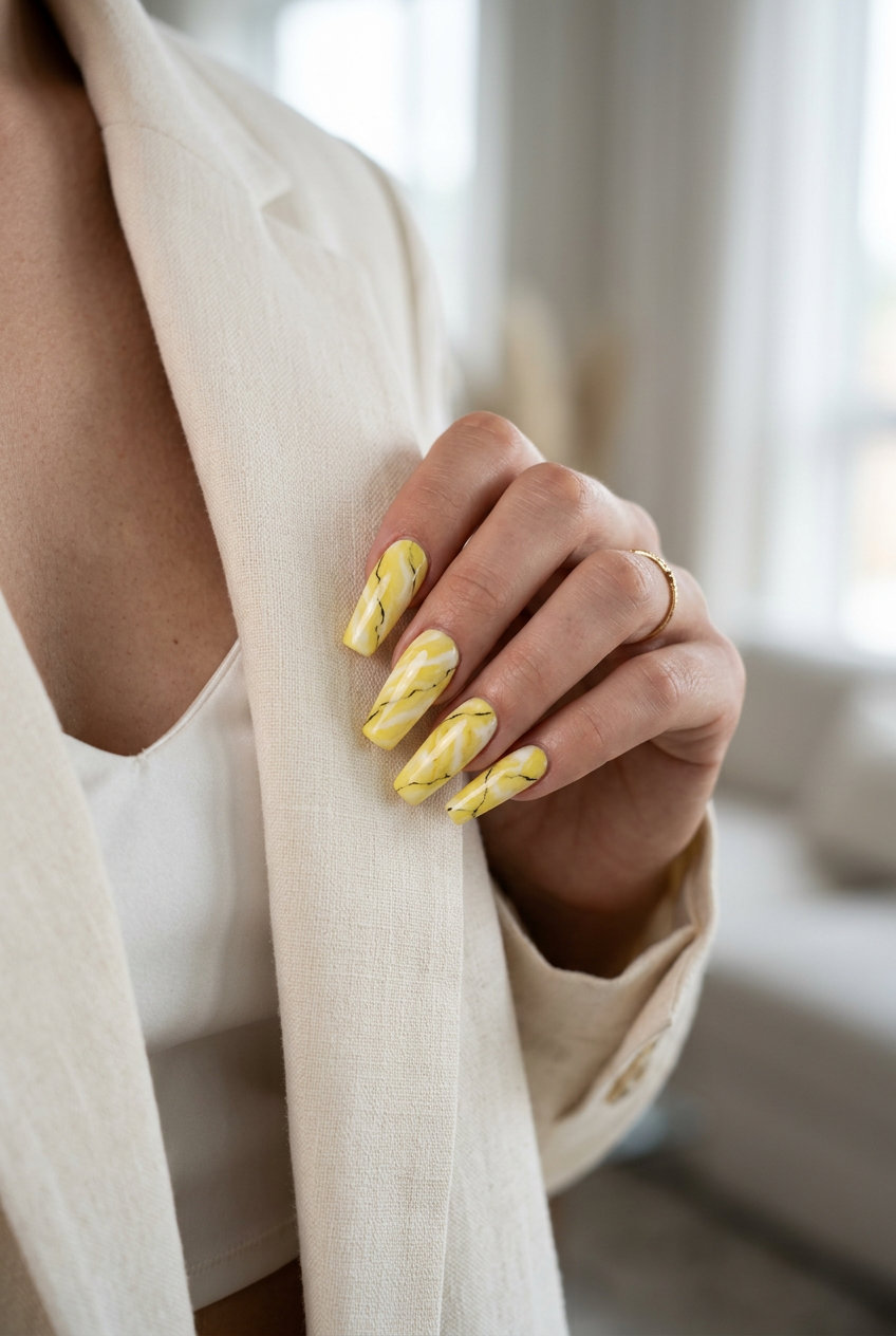 Summer Lemon Nails Ideas 2026: Lemon Marble Effect Sophisticated lemon marble effect nails for formal events and parties in 2026.