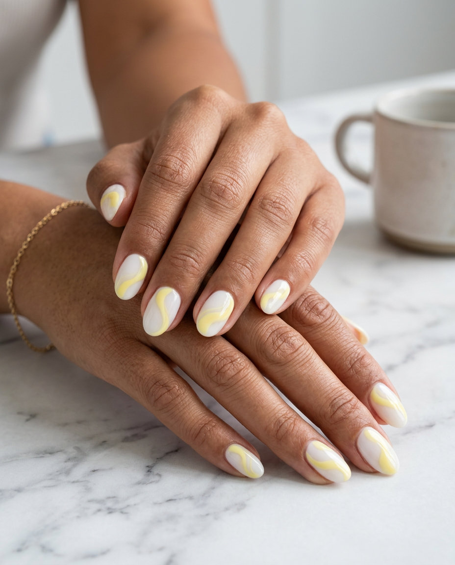 Milky Lemon Swirl Nails | Summer Lemon Ideas 2026 Milky lemon swirl oval nails for summer lemon nails ideas 2026. Soft yellow and white abstract art.