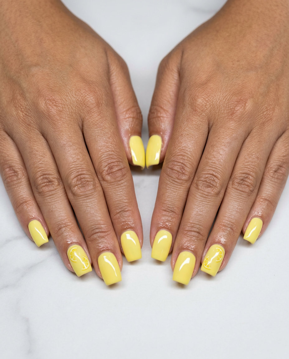 Minimalist Lemon Accent Nails | Summer Ideas 2026 Minimalist lemon accent square nails for summer lemon nails ideas 2026. Clean yellow with fruit decals.