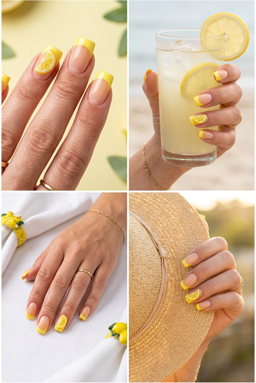 Citrus Reverse French Square Nails 2026 Citrus Reverse French Square nails: Yellow reverse tip with 3D lemon slice accent. 2026.