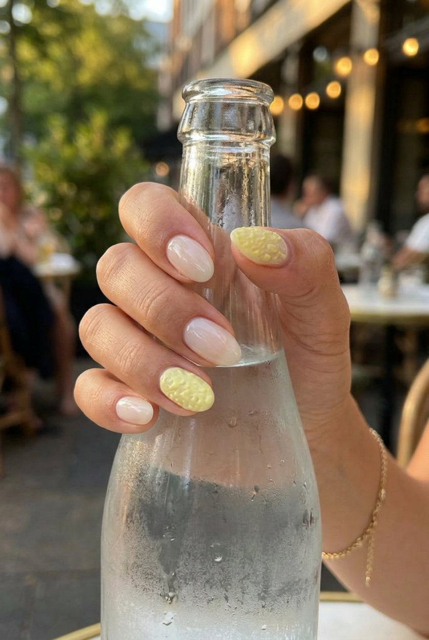 Subtle Citrus Texture Oval Nails 2026 Subtle Citrus Texture Oval nails: Nude base with pale yellow peel texture. 2026.