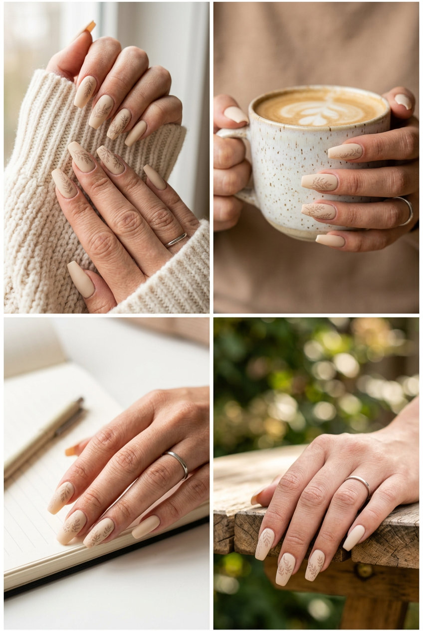 Beige Decal Matte Nails 2026: Vacation Chic Beige Decal Matte nails: creamy beige with nature-inspired matte decals for vacation, creative outing, casual chic.