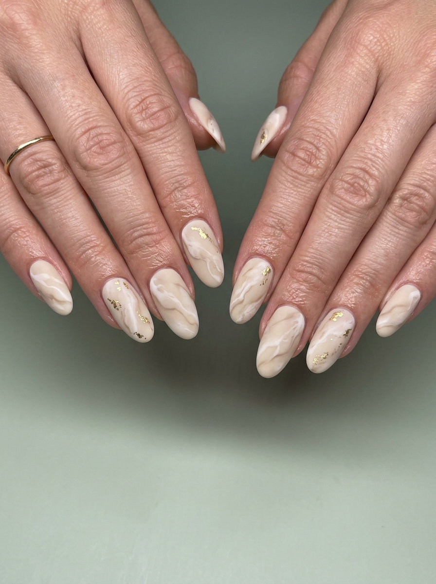 Creamy Beige Marble Matte Gold Foil Nails 2026: Elegant Event Creamy Beige Marble Matte nails with gold foil: sophisticated art for formal events, date nights, wedding guests.