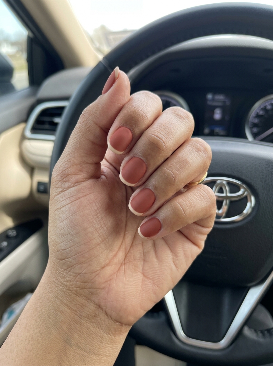 Deep Terracotta Micro French Nails 2026 | Casual Chic Deep Terracotta Micro French nails for casual wear, minimalist and earthy chic.