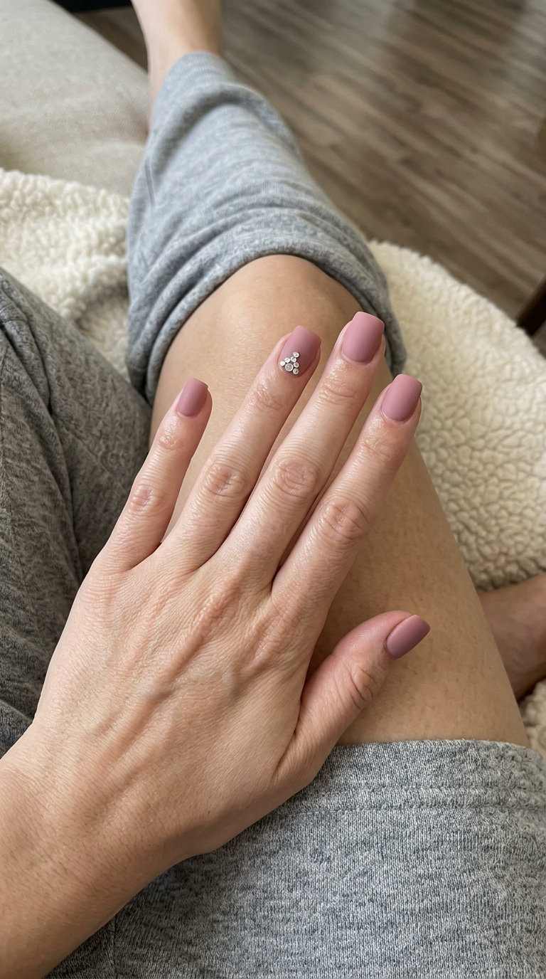 Dusty Rose Rhinestone Matte Nails 2026 | Glamorous Party Dusty Rose Rhinestone Matte nails for weddings and parties, glamorous and romantic with sparkle.