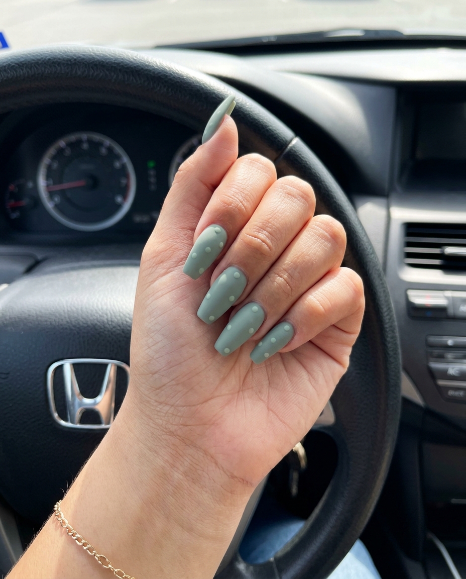 Matte Sage Green Polka Dot Nails 2026 | Playful Weekend Style Matte Sage Green Polka Dot nails for summer matte nails 2026, perfect for casual picnics and weekend fun.