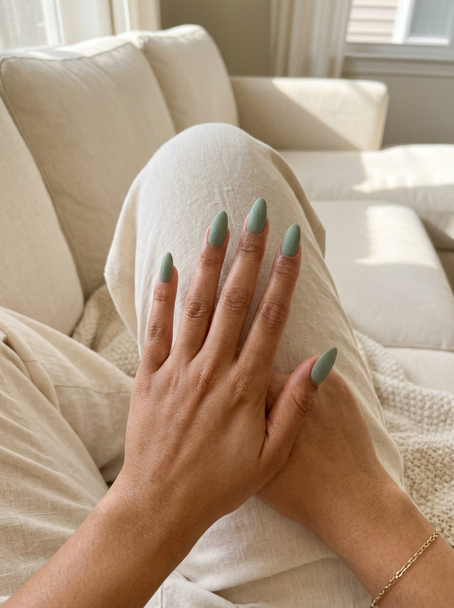 Sage Textured Matte Nails 2026 | Earthy Casual Style Sage Textured Matte nails for summer matte nails 2026, perfect for vacation and casual daily wear with an earthy feel.