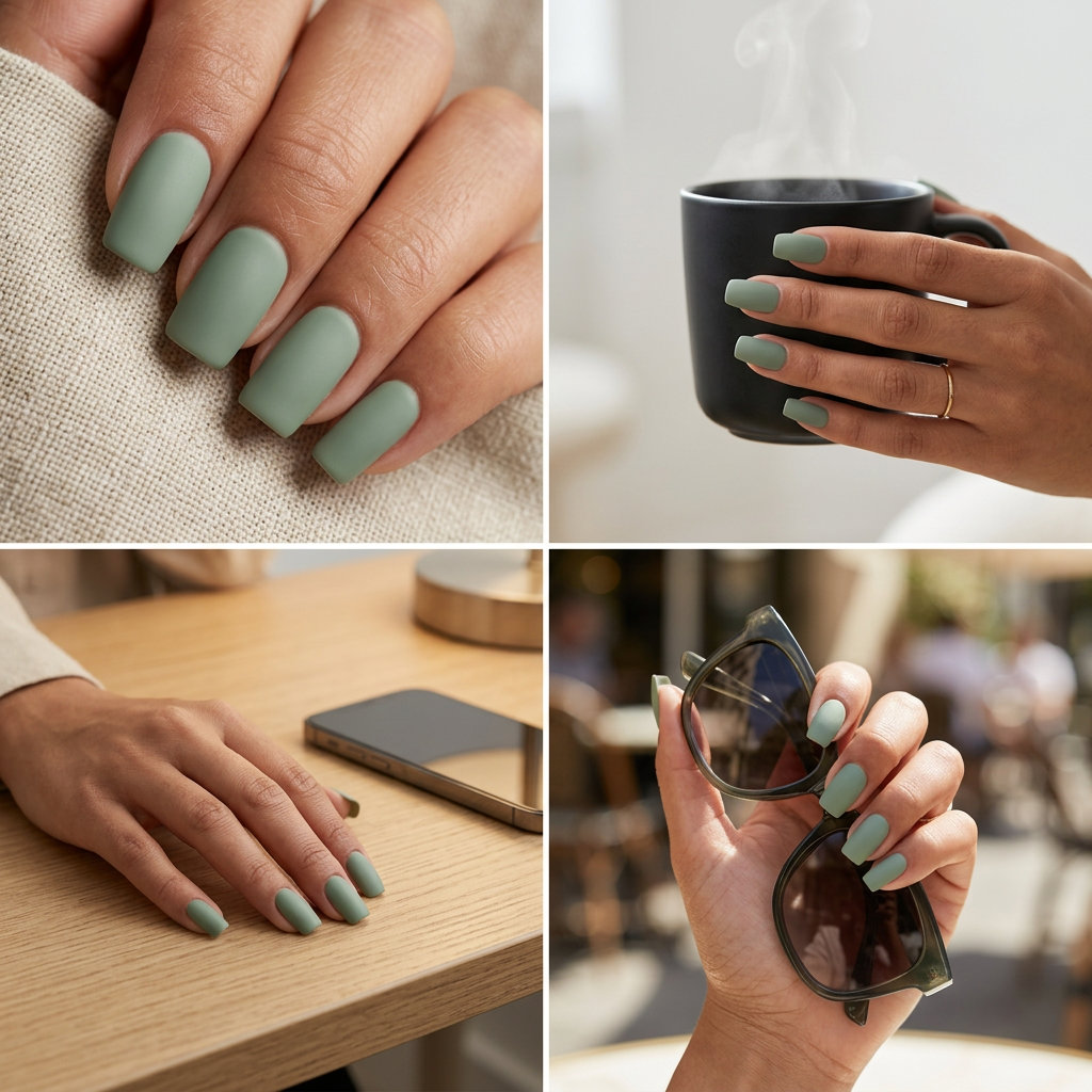 Solid Sage Matte Nails 2026 | Sophisticated Minimalist Solid Sage Matte nails for daily wear and work, minimalist and sophisticated.