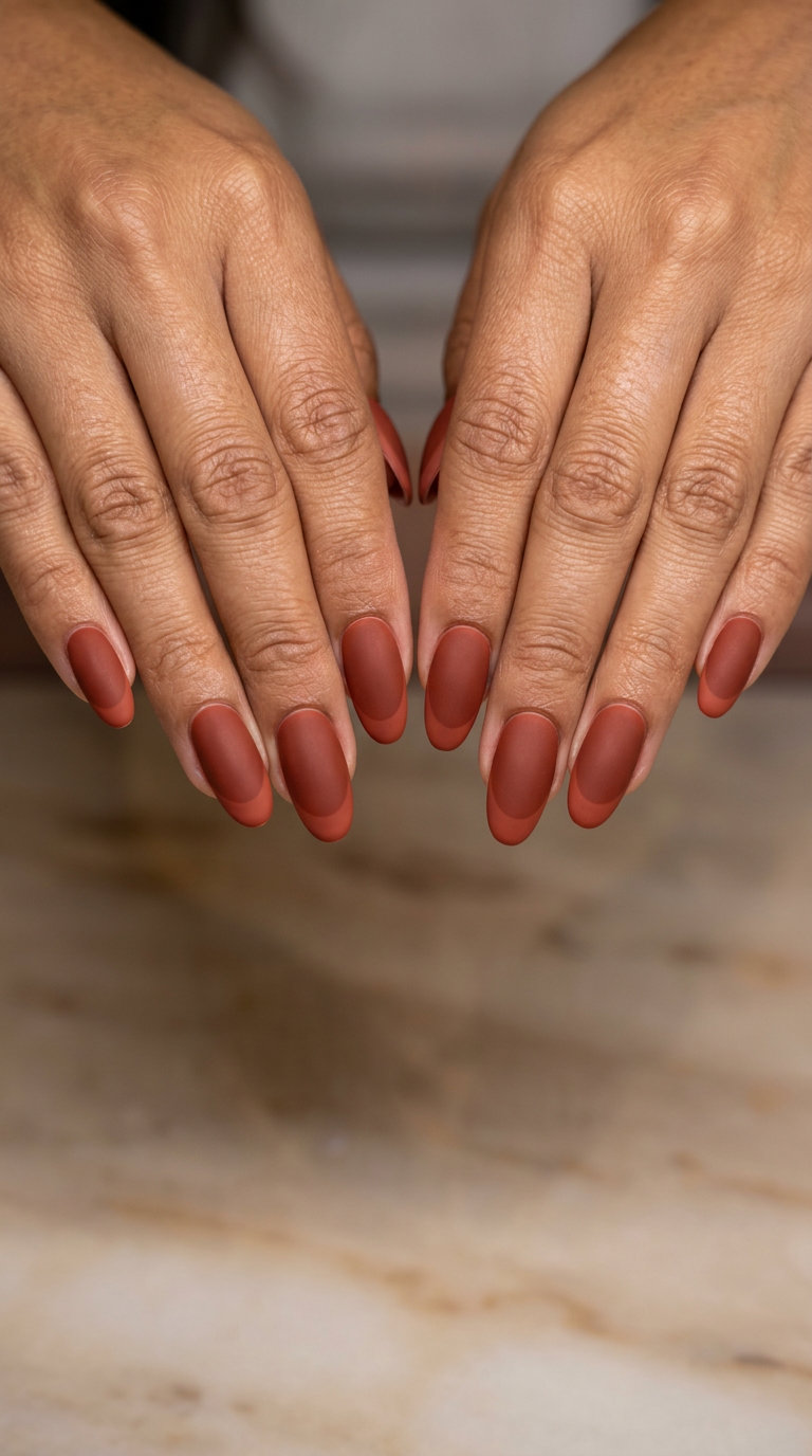 Terracotta Matte French Nails 2026: Retro Glam Deep terracotta matte French tip nails for summer evening events. Summer matte nails 2026.