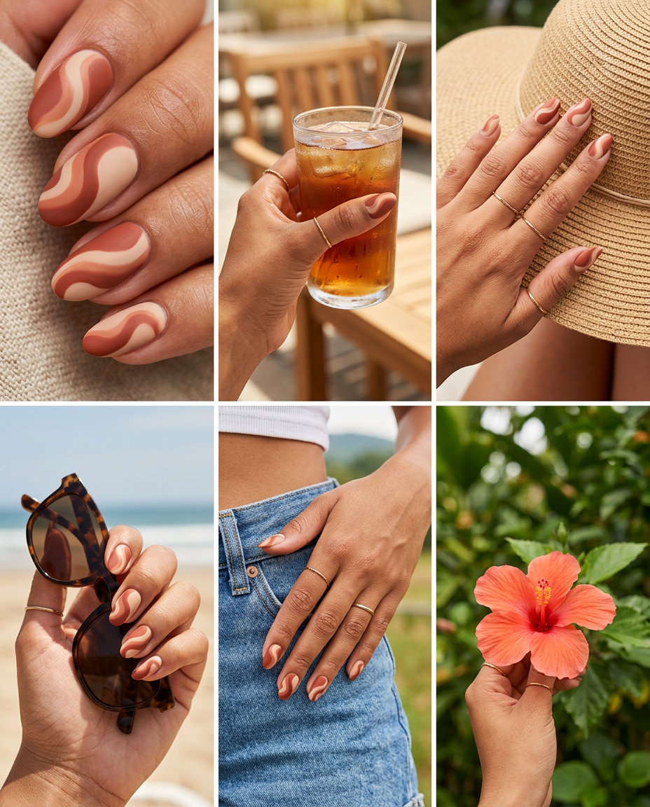 Terracotta Swirl Matte Nails 2026: Bohemian Festival Terracotta Swirl Matte nails: deep terracotta and beige abstract swirls for casual, festival, day out.