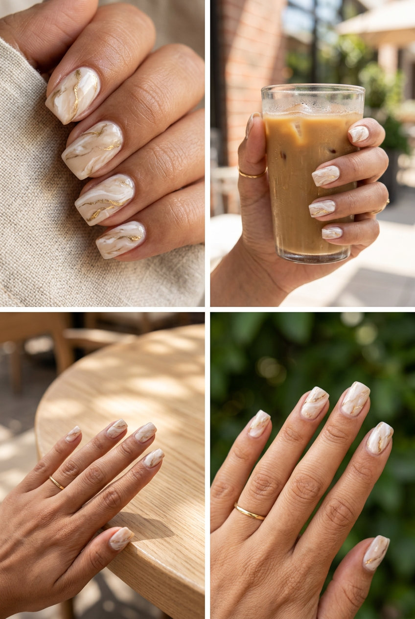 Art Deco Summer Marble Nails 2026 Art Deco Summer Marble nails: beige, white, gold abstract. Summer nail art ideas 2026 for brunch.