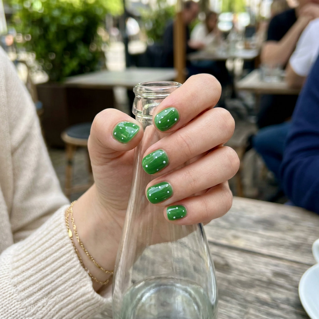 Dewy Green Jelly Dots Nails 2026 Dewy Green Jelly Dots nails: sheer green with white dots. Summer nail art ideas 2026 for festivals.