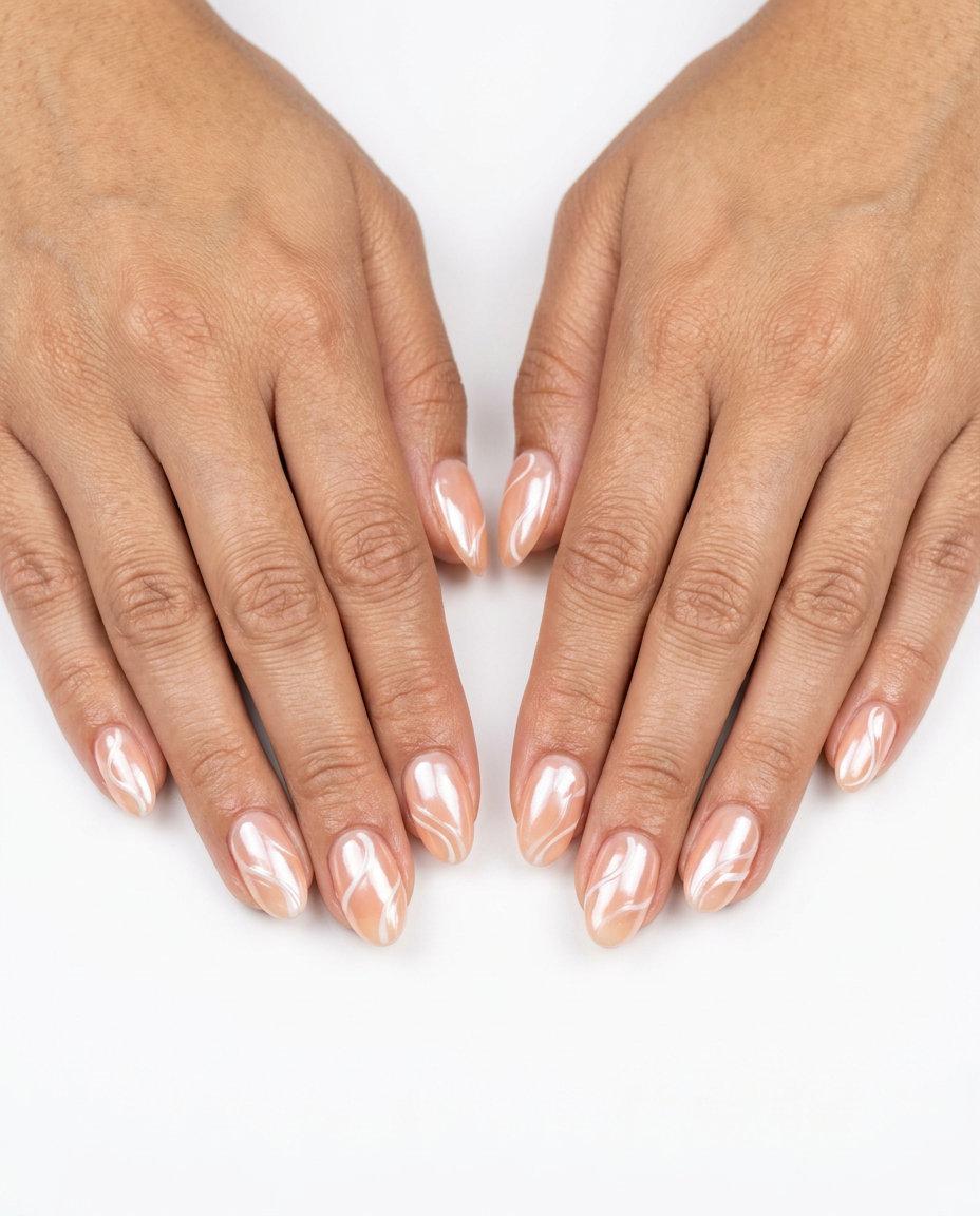 Fuzzy Peach Glaze Swirls Nails 2026 Fuzzy Peach Glaze with Swirls nails: soft peach with pearlescent glaze. Summer nail art ideas 2026.