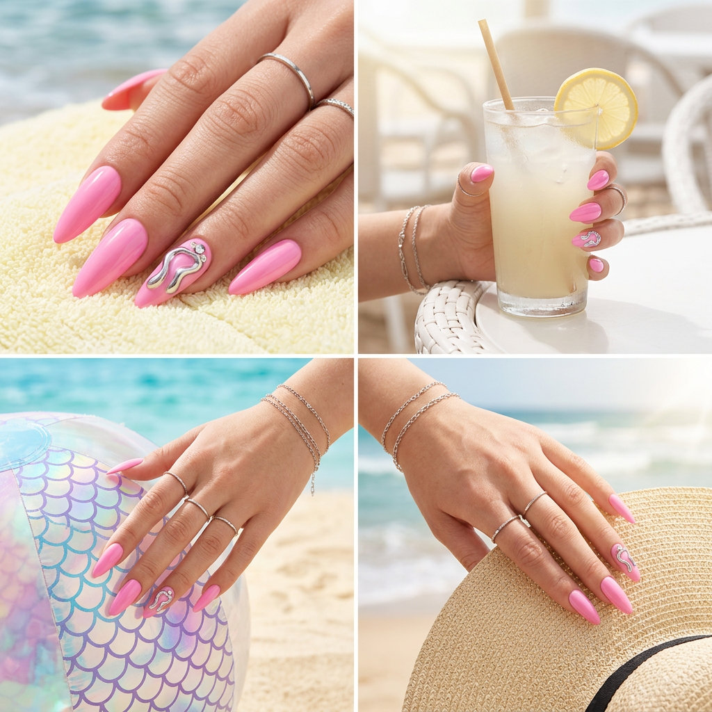 Glamorous Chrome Nails 2026: Party & Festival Style Glamorous chrome pop with jewels: bubblegum pink nails with holographic chrome and rhinestones for summer nail art ideas 2026.