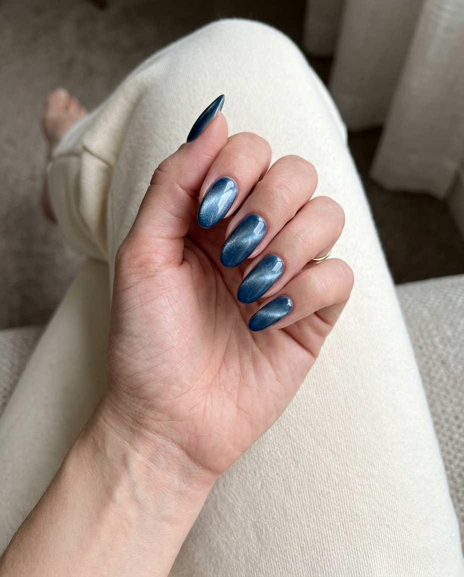 Mermaid's Gaze Cat-Eye Nails 2026 Mermaid's Gaze Cat-Eye nails: deep blue with silver shift. Summer nail art ideas 2026 for parties.