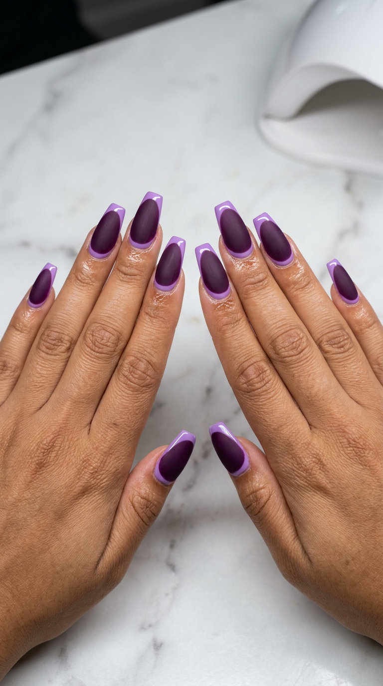 Velvet Purple French Nails 2026 Plush Twilight Reverse French nails: luxurious summer nail art ideas 2026 with matte purple and glossy lilac.