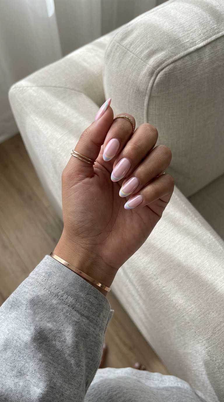 Prismatic Pastel Lines Nails 2026 Prismatic Pastel Lines nails: milky pink with rainbow micro-tips. Summer nail art ideas 2026.