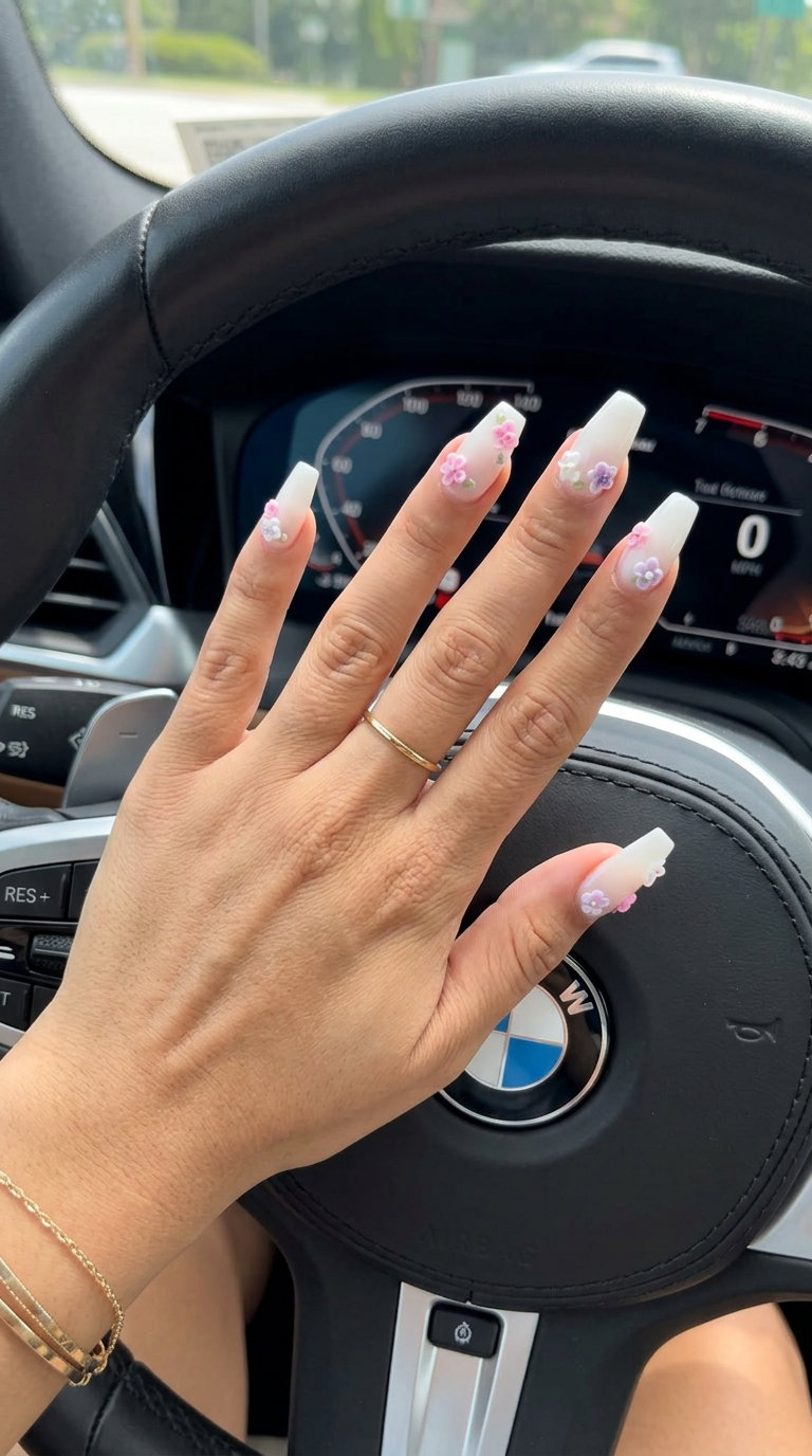 Romantic enchanted garden 3D floral manicure for weddings and garden parties, with pastel blooms.