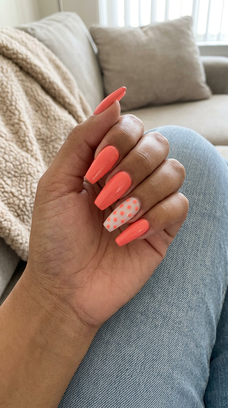 Coral Confetti Dot Accent: Playful summer nail manicure ideas 2026 for casual festivals and vacation.