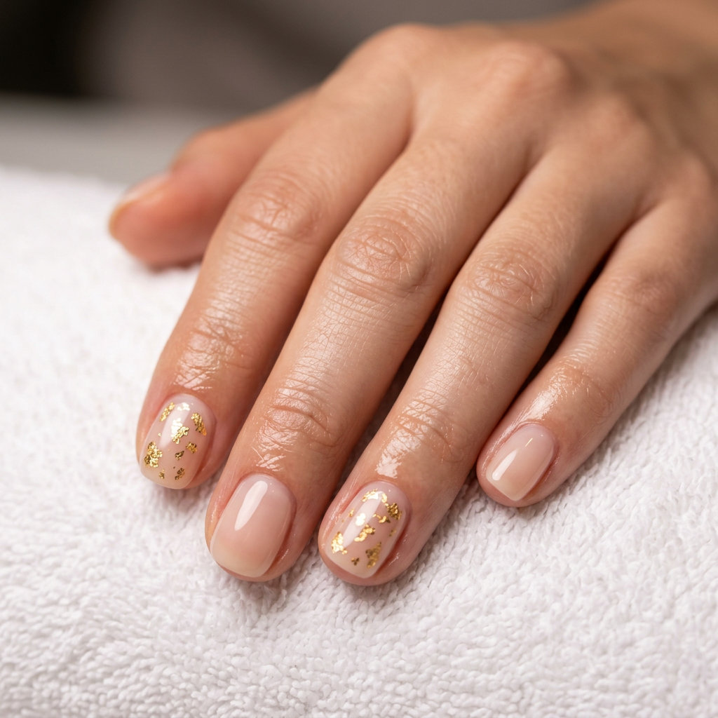 Effortless sun-kissed foil almond glaze manicure for daily wear and vacations, with nude and gold flakes.
