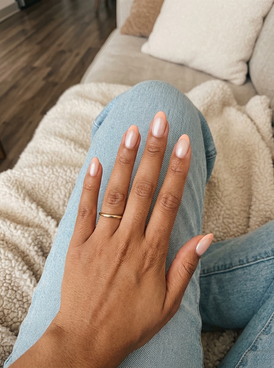 Elegant golden hour shimmer French manicure for daily wear and brunch, with soft peach tips.