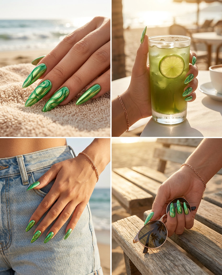 Futuristic electric lime green chrome swirls for parties and night outs, with high shine.